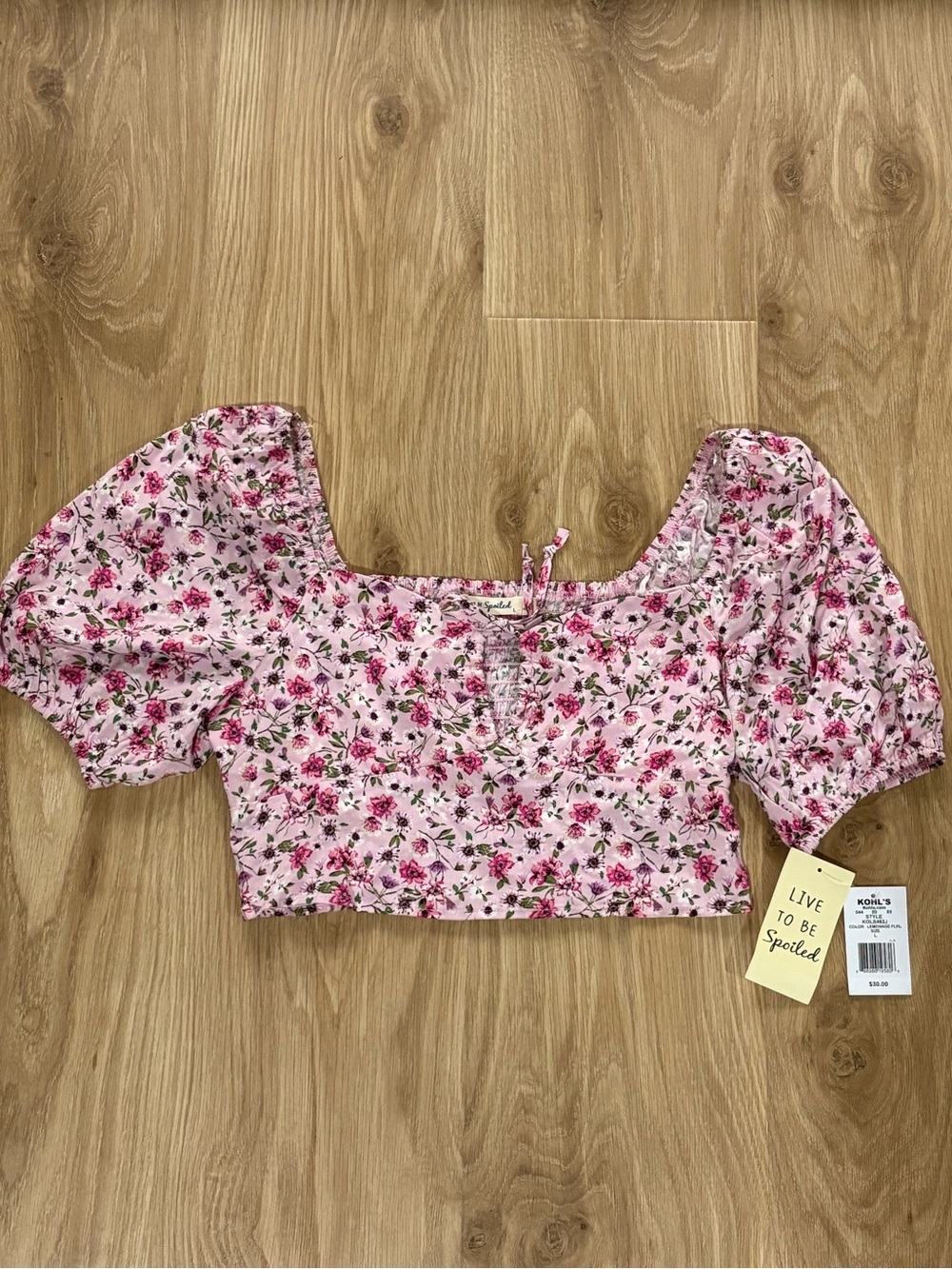 NWT Live To Be Spoiled Pink Floral Off Shoulder Crop Top Puff Sleeve L